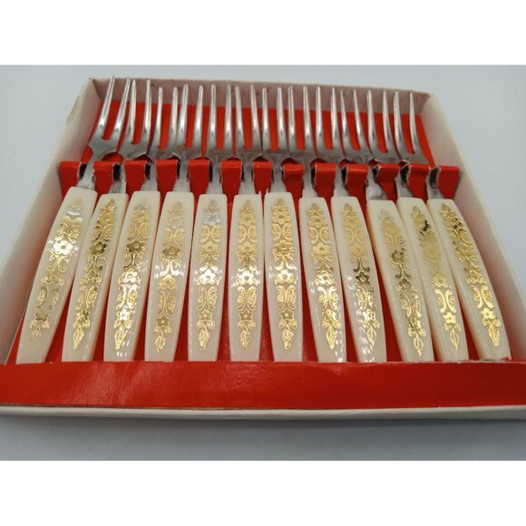 Little Fork Set 12 Piece Stainless Steel Ornate Gold Floral Handles Vintage 4 In - Picture 5 of 16